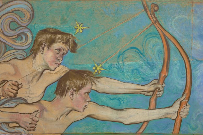 Obraz: dwóch młodzieńców celuje z łuków. Niebieskie tło.