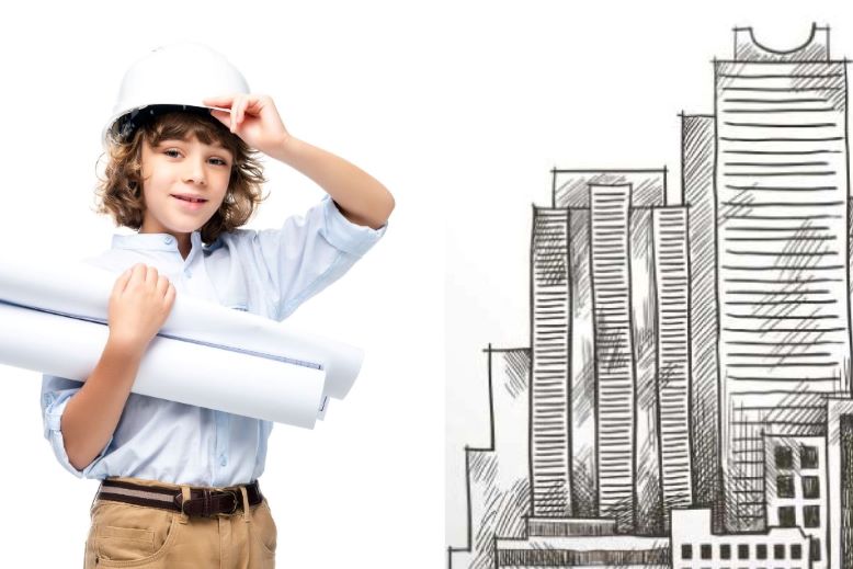 Chłopiec w kasku trzyma papierowe rulony. Obok rysunek budynku. 