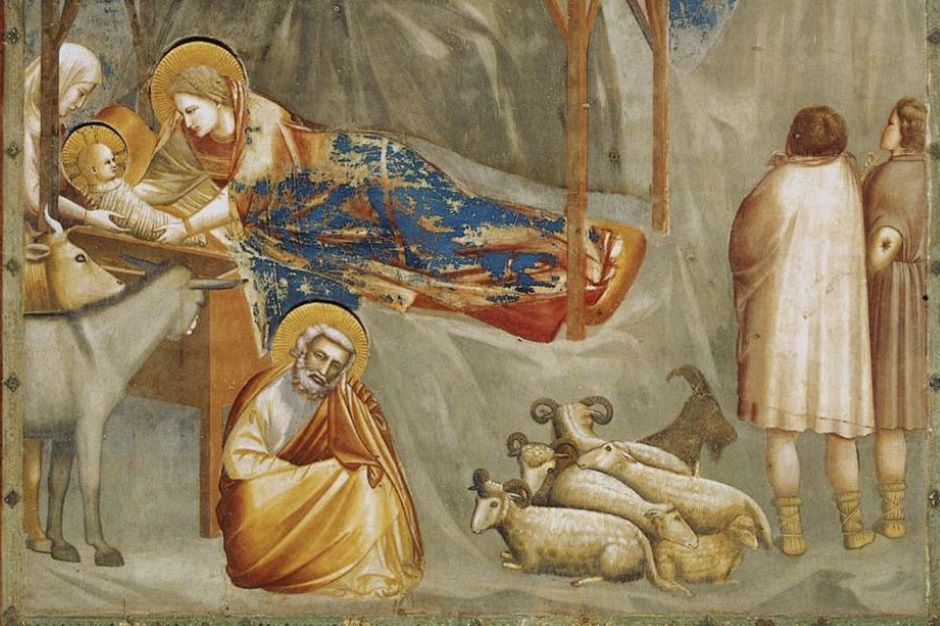 Obraz przedstawiający MAdonnę z Dzieciątkiem, Józefa, owce i cielaka w szopie.
