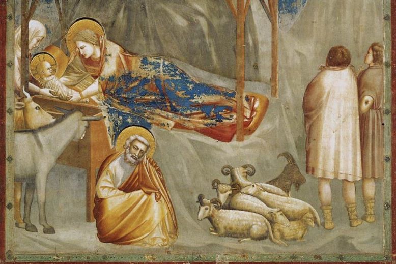 Obraz przedstawiający Madonnę z Dzieciątkiem, Józefa, owce i cielaka w szopie.