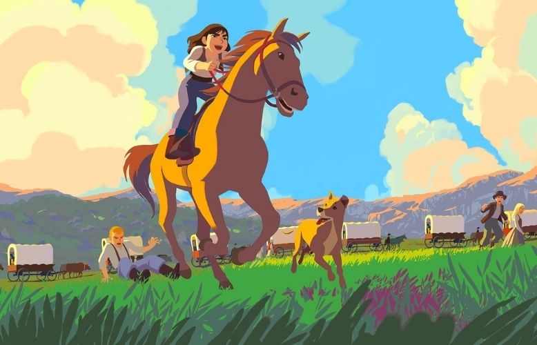 Postać jadąca na koniu. Kadr z filmu animowanego.