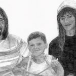 Rysunek ołówkiem: kobieta, mężczyzna i mały chłopiec.