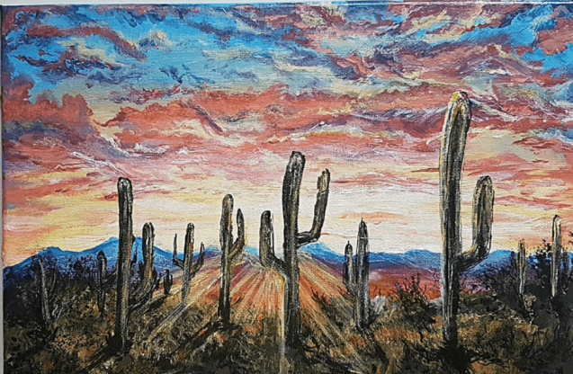 Malowany obraz pejzażu z kaktusami.