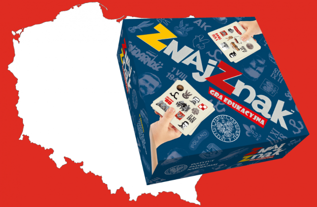 Zarys granic Polski i granatowe pudełko z grą.