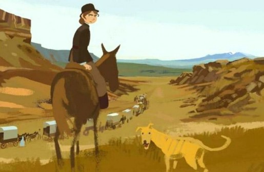 Postać na koniu. Obok jasny pies. Kadr z filmu animowanego.