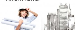 Chłopiec w kasku trzyma papierowe rulony. Obok rysunek budynku.